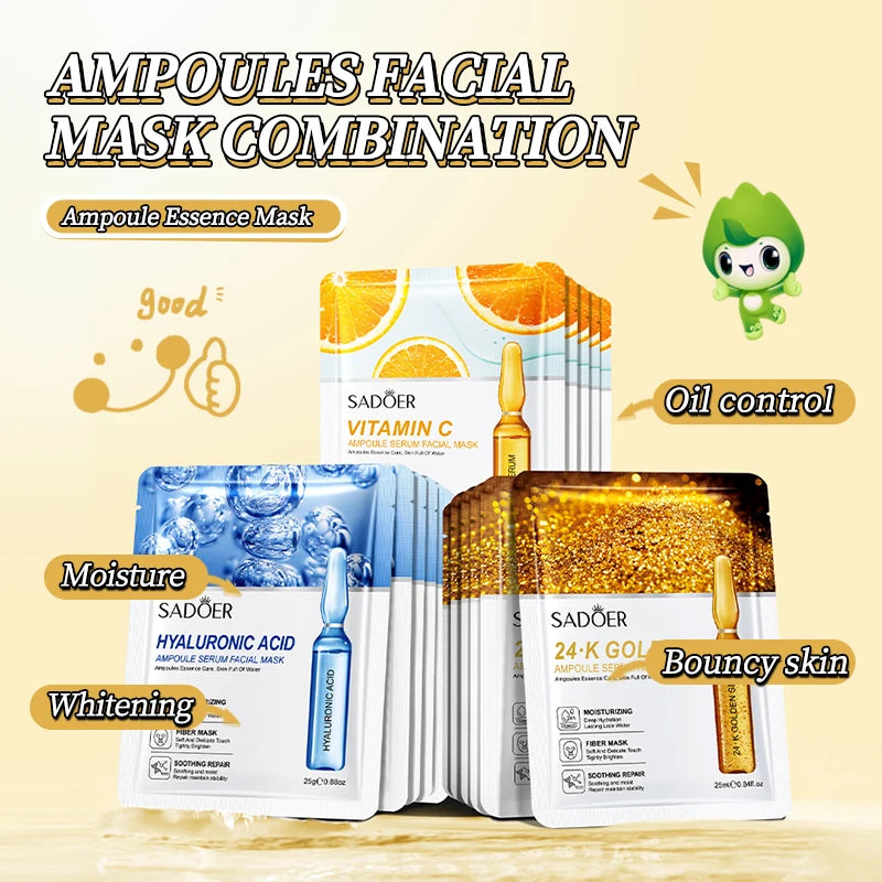 30pcs SADOER Vitamin C Hyaluronic Acid 24K Gold Facial Mask Set Moisturizing Whitening Soothing Repair Face Sheet Mask