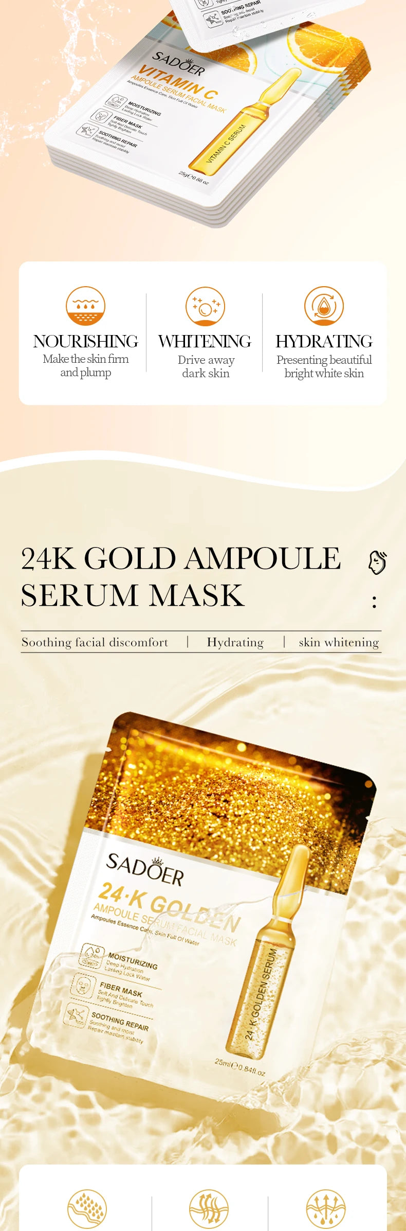 30pcs SADOER Vitamin C Hyaluronic Acid 24K Gold Facial Mask Set Moisturizing Whitening Soothing Repair Face Sheet Mask