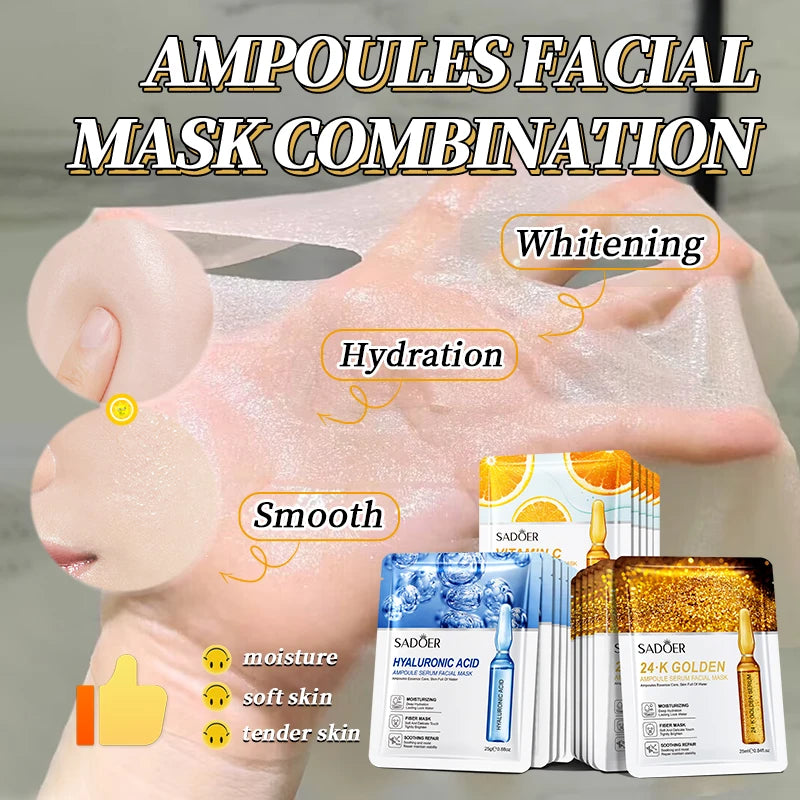 30pcs SADOER Vitamin C Hyaluronic Acid 24K Gold Facial Mask Set Moisturizing Whitening Soothing Repair Face Sheet Mask