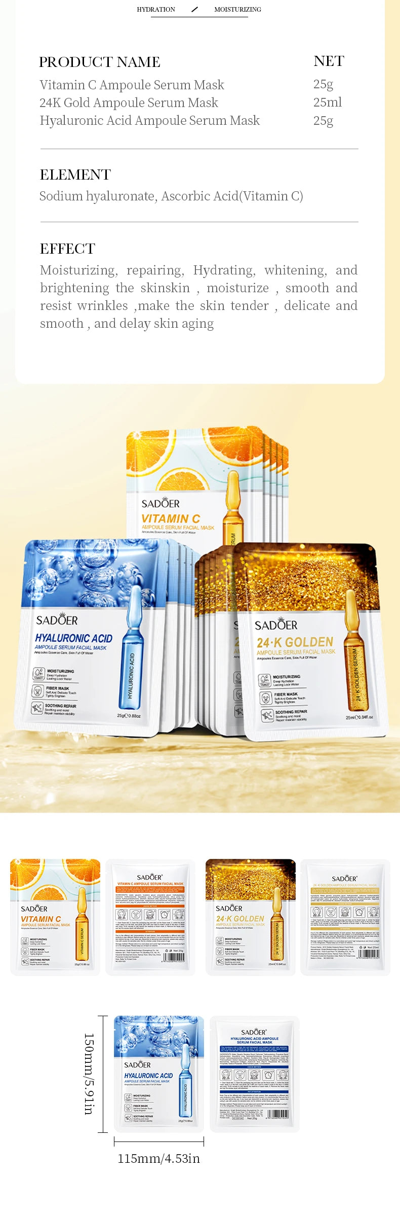 30pcs SADOER Vitamin C Hyaluronic Acid 24K Gold Facial Mask Set Moisturizing Whitening Soothing Repair Face Sheet Mask