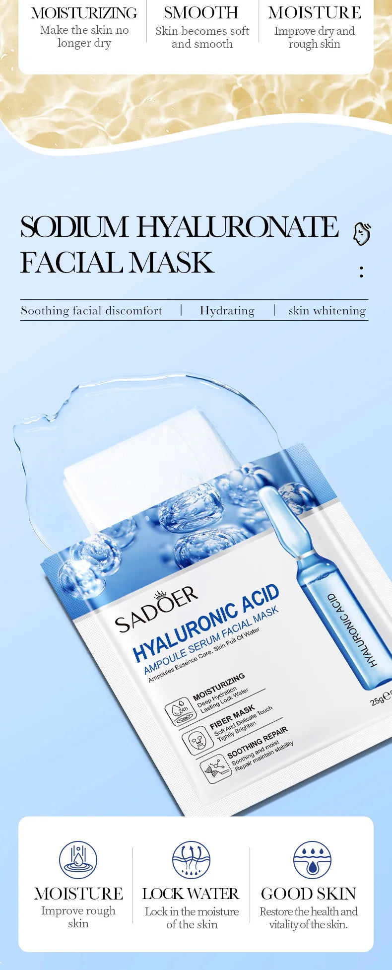 30pcs SADOER Vitamin C Hyaluronic Acid 24K Gold Facial Mask Set Moisturizing Whitening Soothing Repair Face Sheet Mask