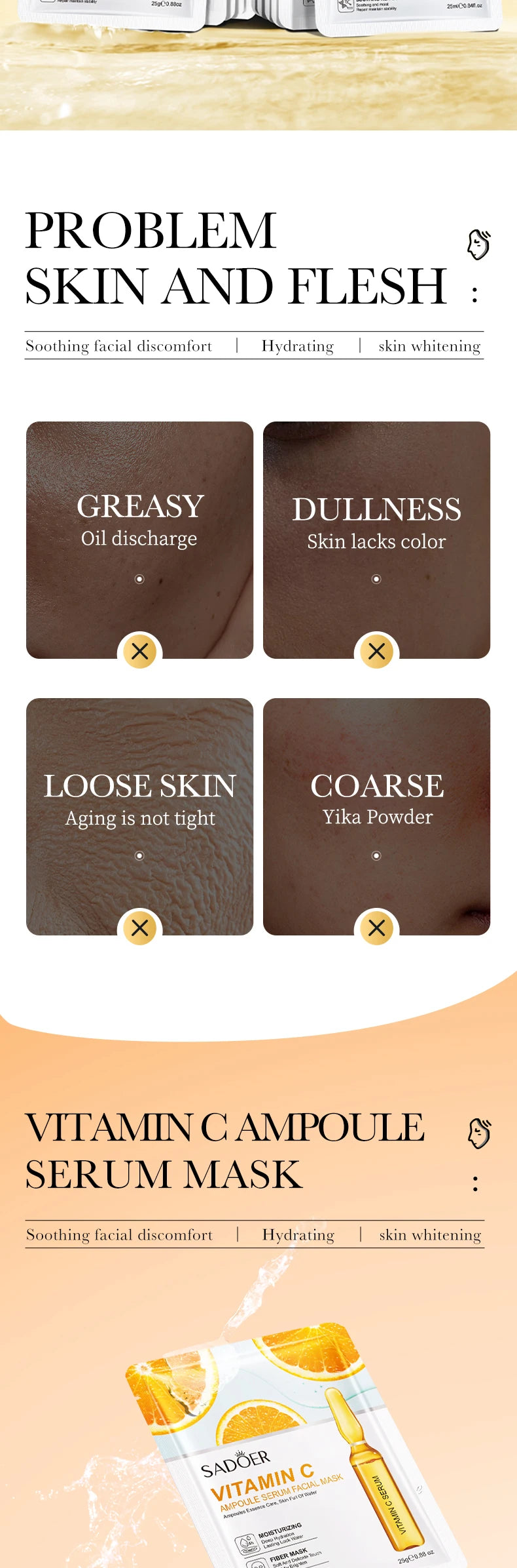30pcs SADOER Vitamin C Hyaluronic Acid 24K Gold Facial Mask Set Moisturizing Whitening Soothing Repair Face Sheet Mask