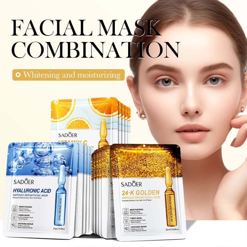 30pcs SADOER Vitamin C Hyaluronic Acid 24K Gold Facial Mask Set Moisturizing Whitening Soothing Repair Face Sheet Mask