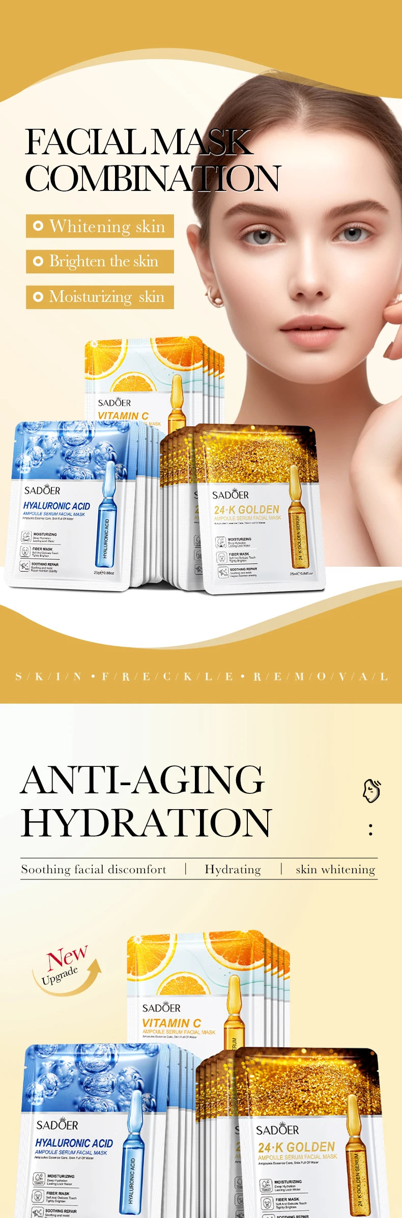 30pcs SADOER Vitamin C Hyaluronic Acid 24K Gold Facial Mask Set Moisturizing Whitening Soothing Repair Face Sheet Mask